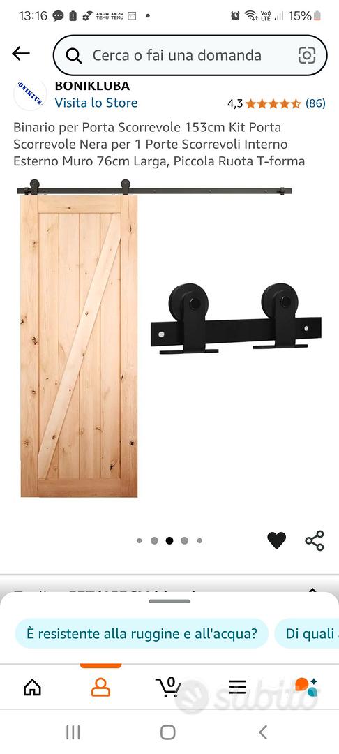 Kit Porta Scorrevole Nero 153 Cm Per Porta Singola - Binario, Rulli, Fermaporta, Guida A Pavimento - Capacità 150 Kg, Per Interno/Esterno