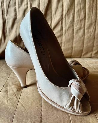 Scarpe punta aperta panna beige in pelle (37)