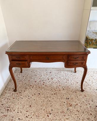 Scrivania in noce con 5 cassetti e piano in vetro