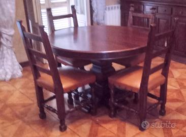 Tavolo in noce con 4 sedie in noce e pelle vera