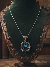 Collana Lunga Rodiata Ciondolo Handmade Agata blu