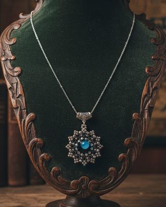Collana Lunga Rodiata Ciondolo Handmade Agata blu