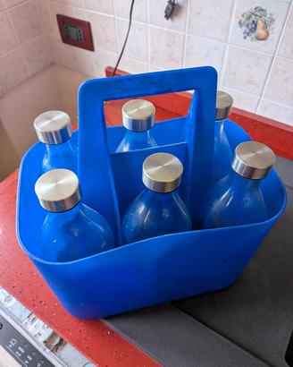 6 bottiglie vetro acqua + portabottiglie blù 