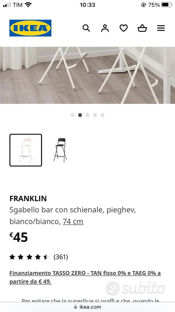 FRANKLIN Sgabello bar con schienale, pieghev, bianco, bianco