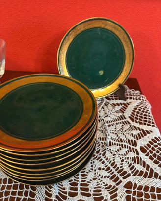 Set 10 piatti vintage verde smeraldo e oro