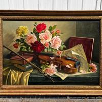 Quadro natura morta violino e rose del '900