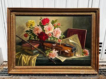 Quadro natura morta violino e rose del '900