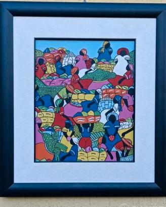 Quadro dipinto a mano stile Naif-Mercato haitiano