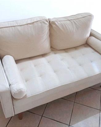 Divano 2 posti in velluto beige con gambe in legno