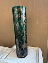 Vaso cilindrico vetro verde con argento