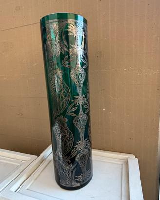 Vaso cilindrico vetro verde con argento