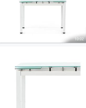 Tavolo in metallo bianco e piano in vetro bianco