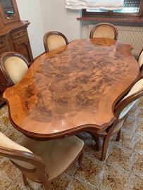 Tavolo di pregio piano in radica 198cm e 6 sedie