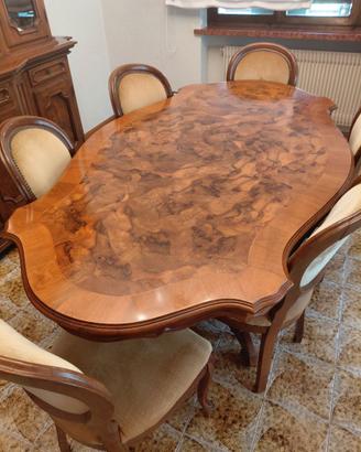 Tavolo di pregio piano in radica 198cm e 6 sedie