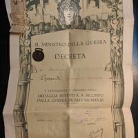 Diploma attestato guerra WWI  del 1921 + medaglia