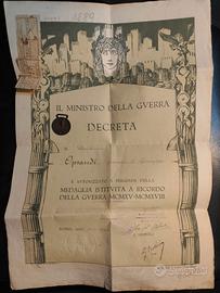 Diploma attestato guerra WWI  del 1921 + medaglia