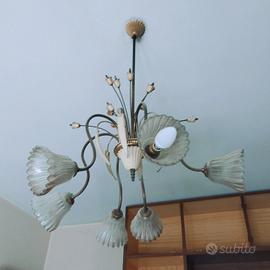 lampadario vintage in vetro e ottone/rame