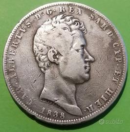 5 Lires Italie 1838 Sardaigne Carlo Alberto 5 Lire