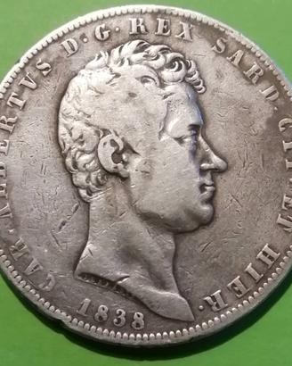 5 Lires Italie 1838 Sardaigne Carlo Alberto 5 Lire