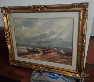 Quadro olio 'Spiaggia con barche' di R.Alogi