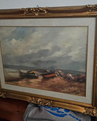 Quadro olio 'Spiaggia con barche' di R.Alogi