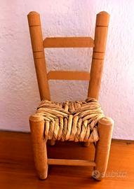 SEDIA MINIATURA PAGLIA LEGNO BAMBOLE 22 CM VINTAGE