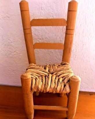 SEDIA MINIATURA PAGLIA LEGNO BAMBOLE 22 CM VINTAGE