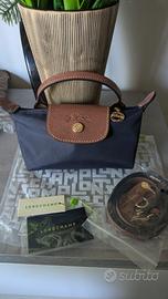 Borsetta Longchamp mini in nylon blu e pelle marro