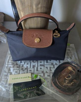 Borsetta Longchamp mini in nylon blu e pelle marro