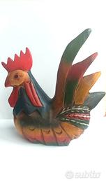 Gallo decorativo in legno intagliato e dipinto 