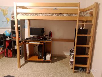 Letto a soppalco in legno massello 