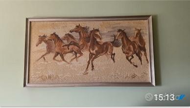 quadro tappeto anni 70-80 cavalli al galoppo
