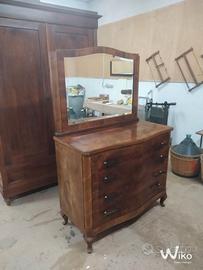 cassettiera vintage in noce e radica e  specchiera
