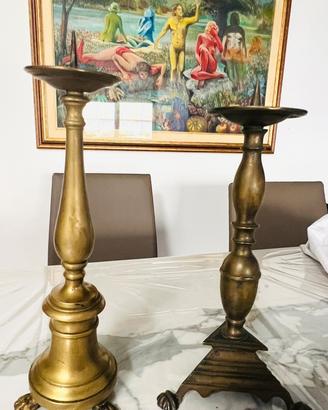 2 candelabri molto antichi in ottone e bronzo