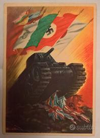 Cartolina era fascista CARRO ARMATO BANDIERE ASSE