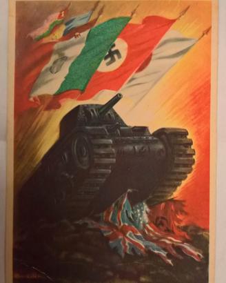 Cartolina era fascista CARRO ARMATO BANDIERE ASSE