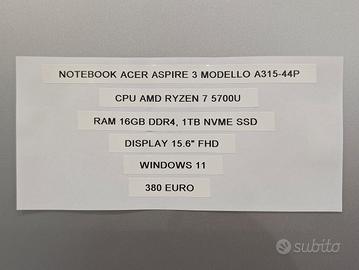Notebook PC Acer Aspire 3 usato promo