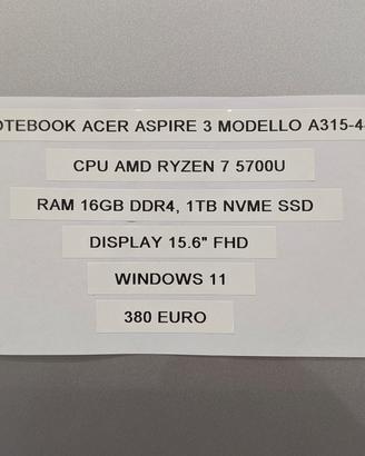 Notebook PC Acer Aspire 3 usato promo