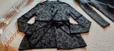cardigan misto lana grigio e nero stampa fiori