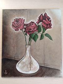 Pittura olio, 28 x 32 cm. - Vaso con rose