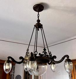 Lampadario d'epoca in bronzo con 6 luci e vetri mo