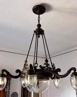 Lampadario d'epoca in bronzo con 6 luci e vetri mo