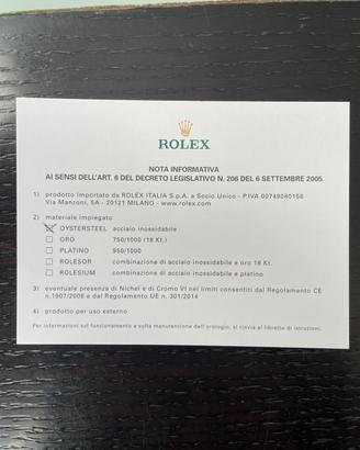 Rolex nota informativa metalli Oystersteel 
