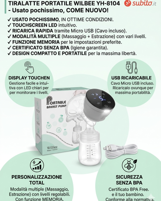  Tiralatte Elettrico Portatile WilBee Touch Screen