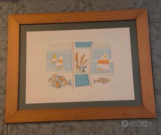 Quadro con barca a vela e pesci