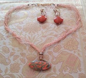 Collana + orecchini in perle di Murano rosa