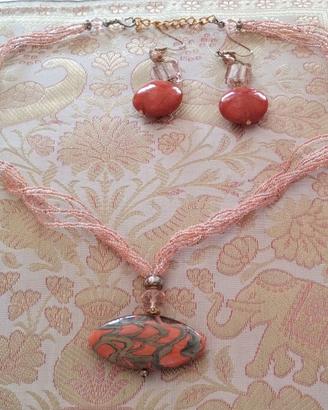 Collana + orecchini in perle di Murano rosa