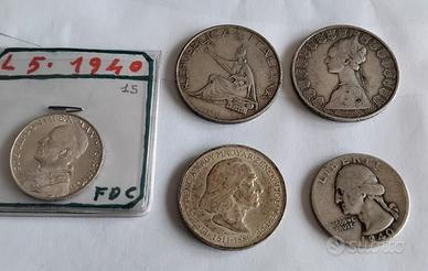 Monete argento. Lotto da 5 pezzi 