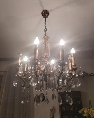 Tris Lampadario in ottone e cristalli + 2 applique