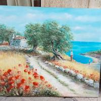 Quadro dipinto olio su tela ulivo, mare, Salento